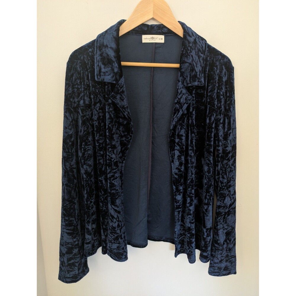 Natural Life Lennon Crushed Velvet Blue SZ S/M Open Front Jacket Blazer Hippie